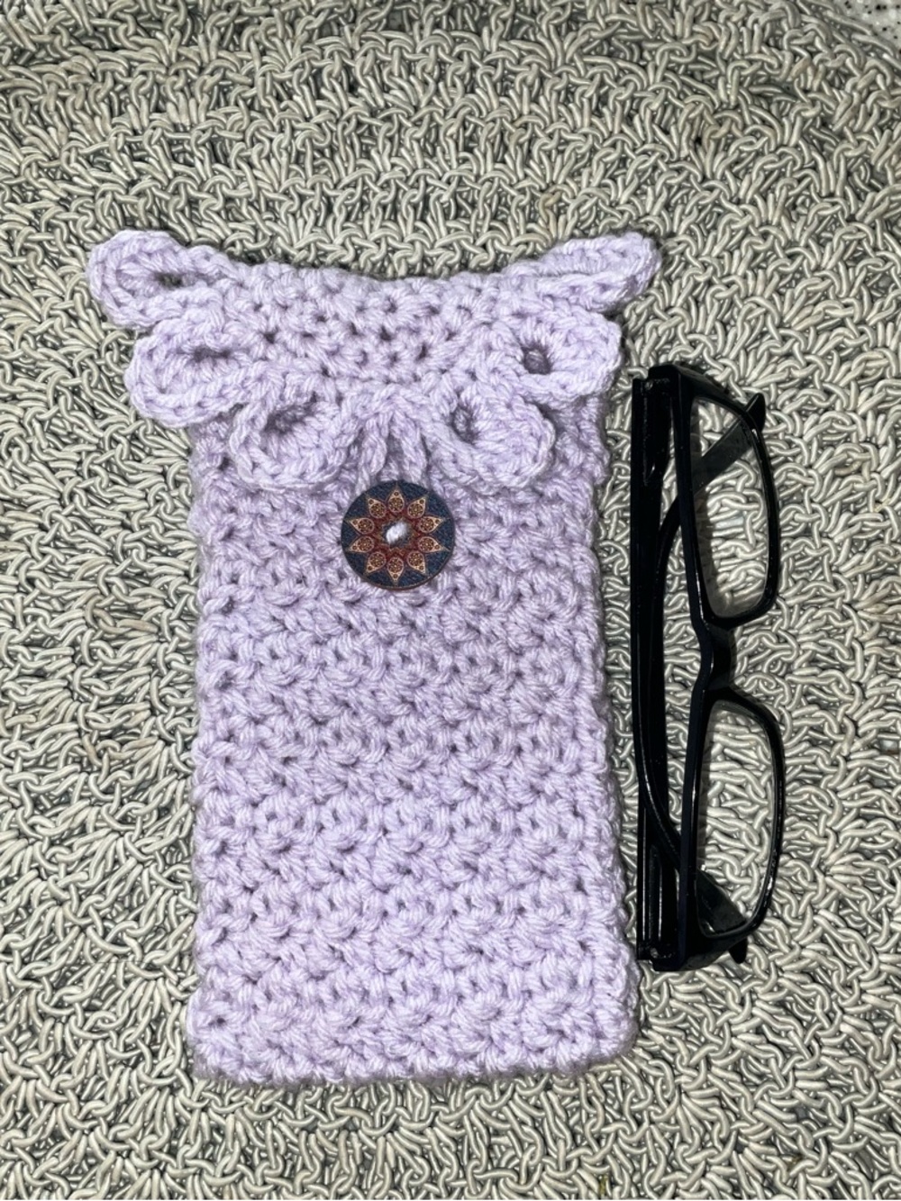 Handmade Lavender Crochet Glasses Pouch with Decorative Button